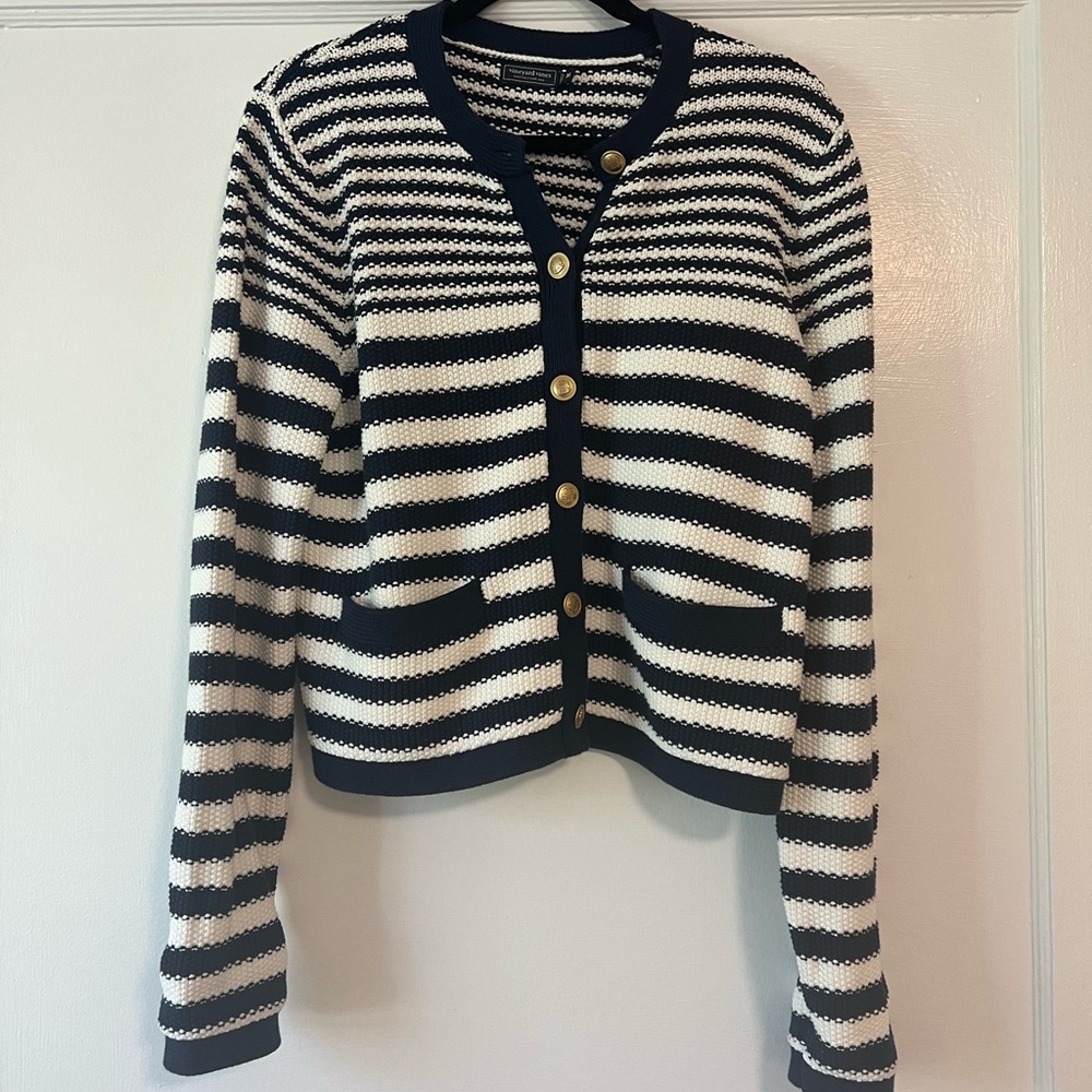Vineyard Vines Striped Navy and White Cardigan with Gold Buttons